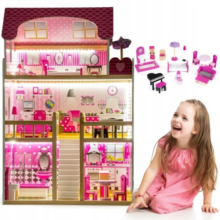 DUŻY DOMEK DLA LALEK DREWNIANY LED 3 POZIOMY MEBELKI MEBLE PASTELOWY
