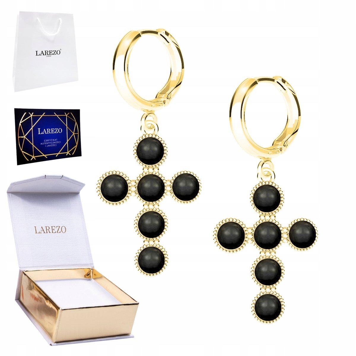 Złote Kolczyki 925 z Krzyżykami Czarnymi Perłami Czarne Perły Pozłacane 24K