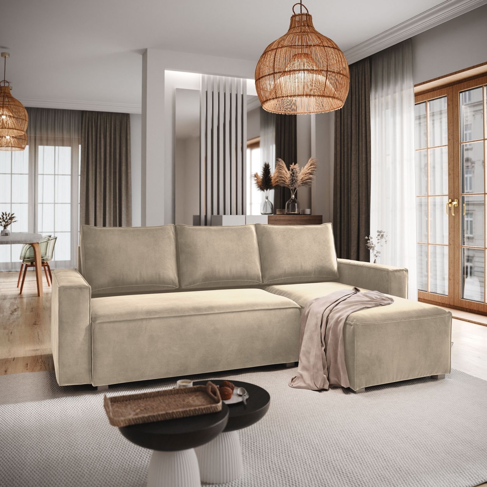 Masseno Narożnik SILES z funkcją spania i pojemnikiem na pościel Kształt L, Rozkładana sofa, Rogówka - Kremowy, MONOLITH 04