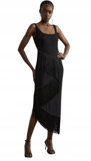 KAREN MILLEN CZARNA SUKIENKA MIDI Z FRĘDZLAMI PETITE 38 B1C