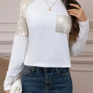 Bluzki damskie - TEMU Kobieca Elegancka Bluzka z Długim Rękawem i Cekinami - Jednokolorowy Top z Okrągłym Dekoltem i Błyszczącymi Detalami na Mankietach, Średnio - miniaturka - grafika 1