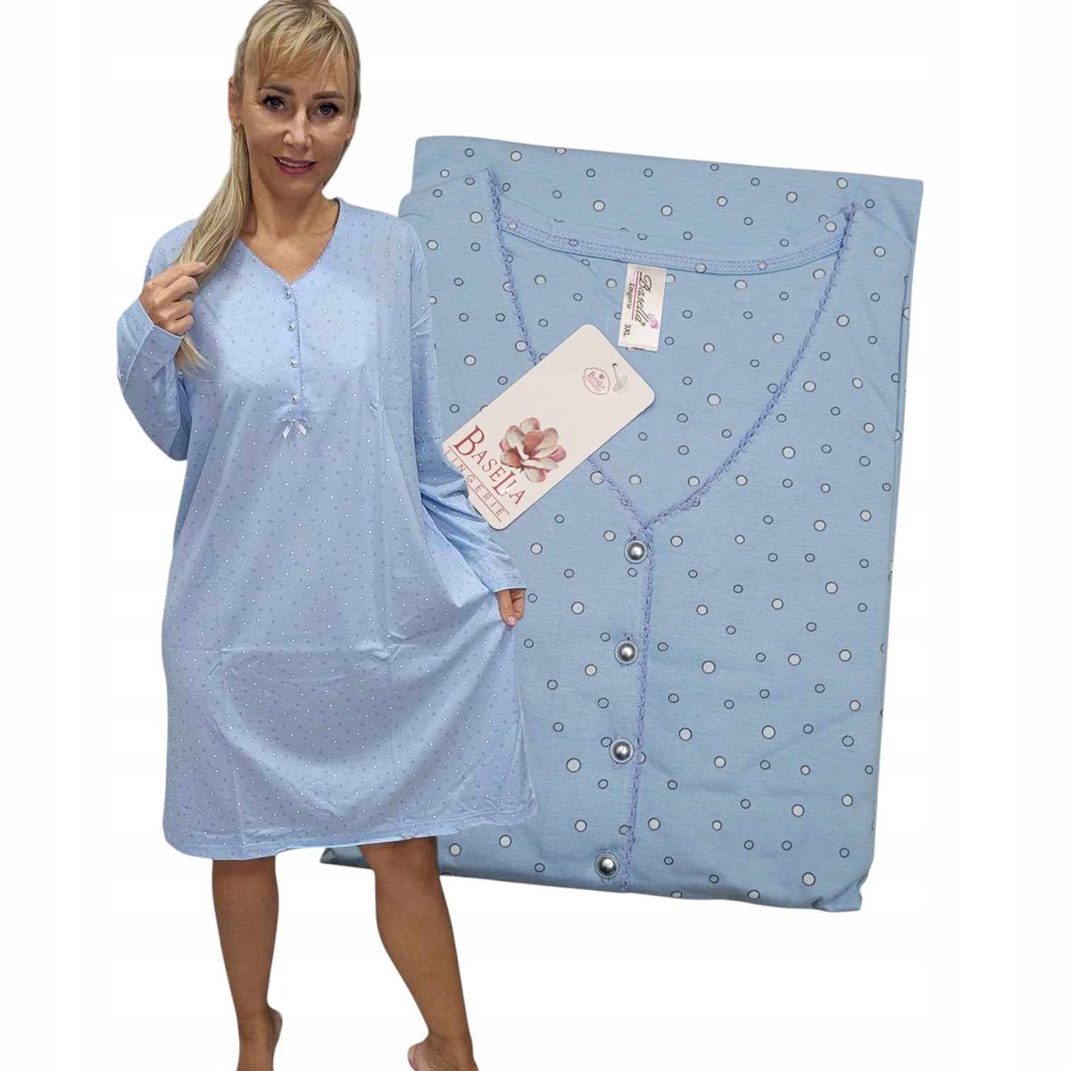 KOSZULA NOCNA BASII ROZPINANA BAWEŁNA długi rękaw Błękit 54 56 3xl 4xl