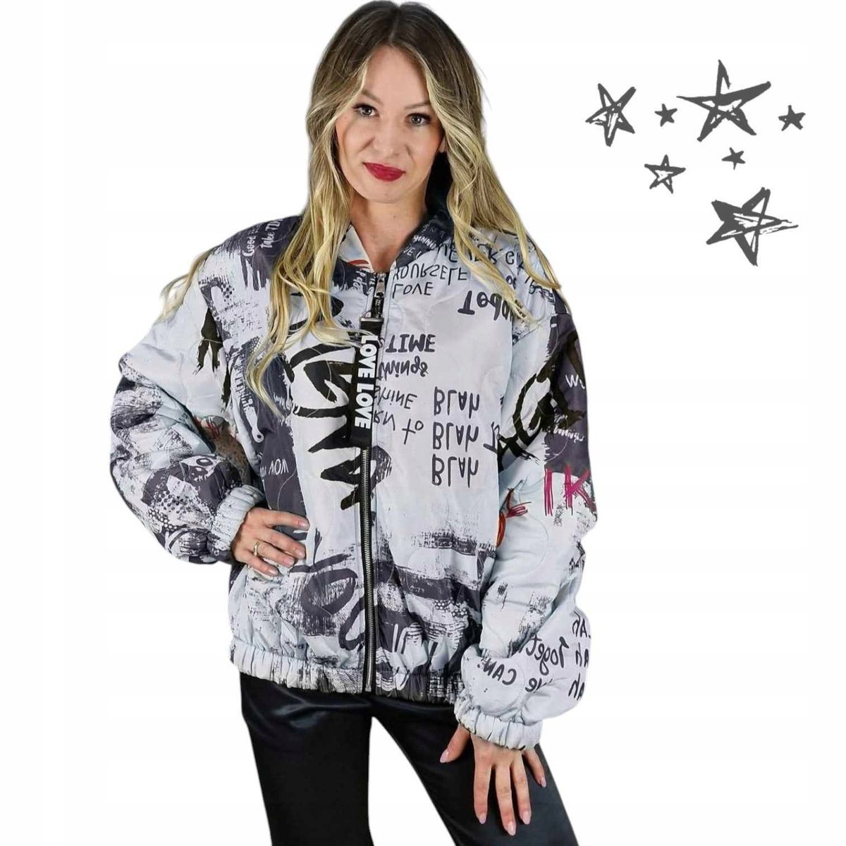 KURTKA DAMSKA BOMBERKA przejściowa pikowana rozpinana napisy 42 44 XL 2XL