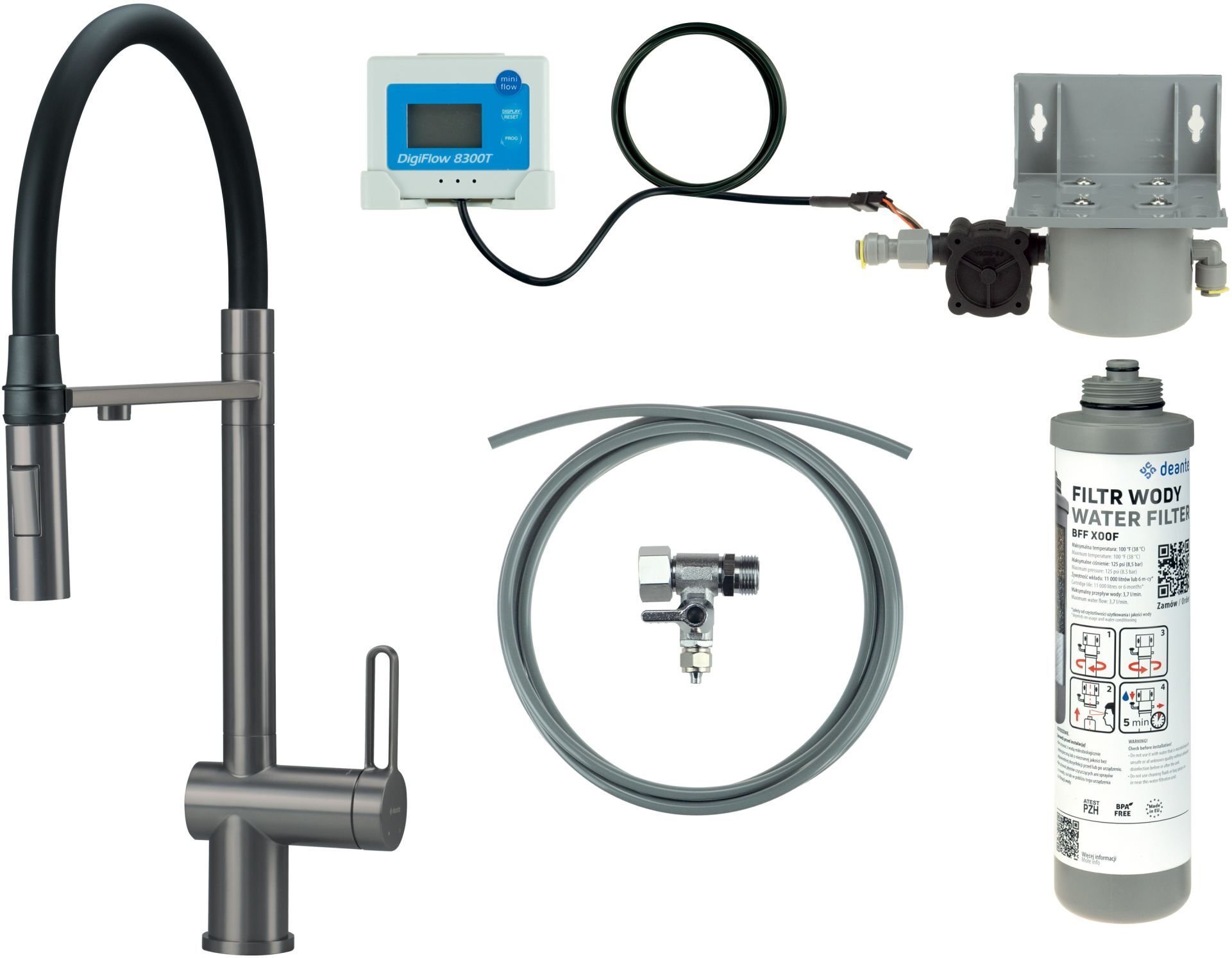 Deante Bateria kuchenna z zestawem do filtracji wody z elastyczną wylewką