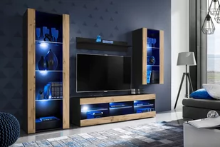 Meblościanka / LED RGB/ BIAŁY / Czarny / Dąb Wotan - Meble do sypialni - miniaturka - grafika 1