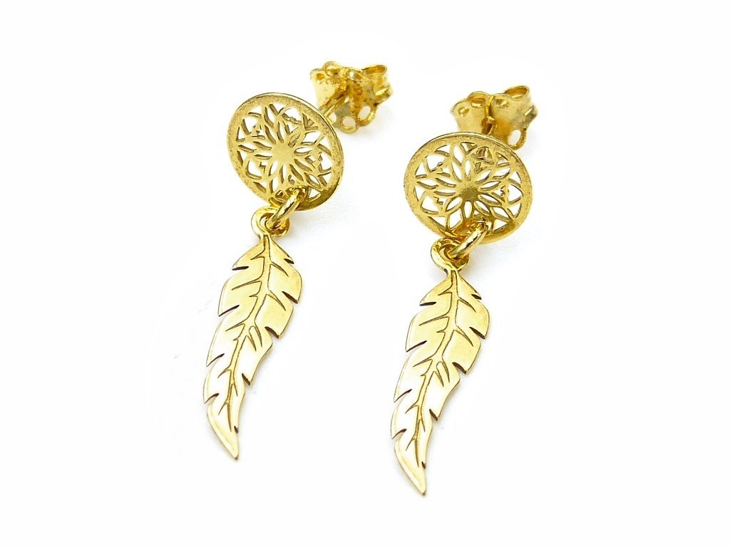 Pozłacane kolczyki rozetki łapacz snów pióra