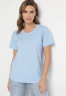 Jasnoniebieski Bawełniany T-shirt z Trójkątnym Dekoltem Nelirna - Koszulki i topy damskie - miniaturka - grafika 1