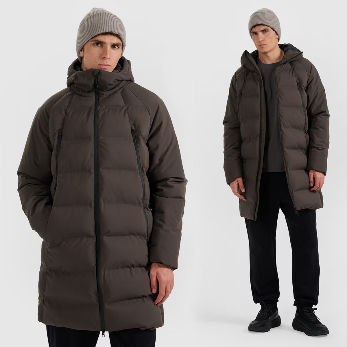 Kurtka Męska 4F Płaszcz Puchowy z Membraną Długi Z Kapturem Khaki 4FWAW25TTJAM0995 XL Khaki