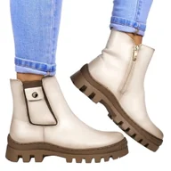 Botki damskie - Damskie Botki Trapery Z Kieszonką Ocieplane Potocki 12167 Beżowe Licowe - miniaturka - grafika 1