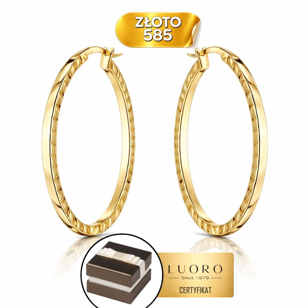 KOLCZYKI ZŁOTE 585 14K OWALE ŻŁOBIONE 32 MM SZYNA 2 MM ELEGANCKIE