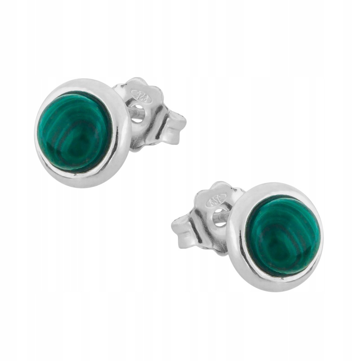 Kolczyki Srebrne pr. 925 Eleganckie Dziecięce na Sztyfcie Okrągły Malachit