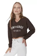 Bluzy damskie - Trendyol Damska bluza z dekoltem w serek z dopasowanym hasłem, Brązowy, L - miniaturka - grafika 1