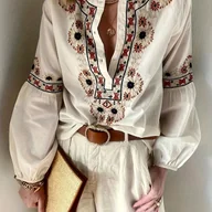 Koszule damskie - TEMU Damska bluzka z haftowanymi kwiatami w stylu vintage - okrągły dekolt, luźny krój, długi rękaw, top na wiosnę/leto, beżowy z kolorowymi wzorami - miniaturka - grafika 1