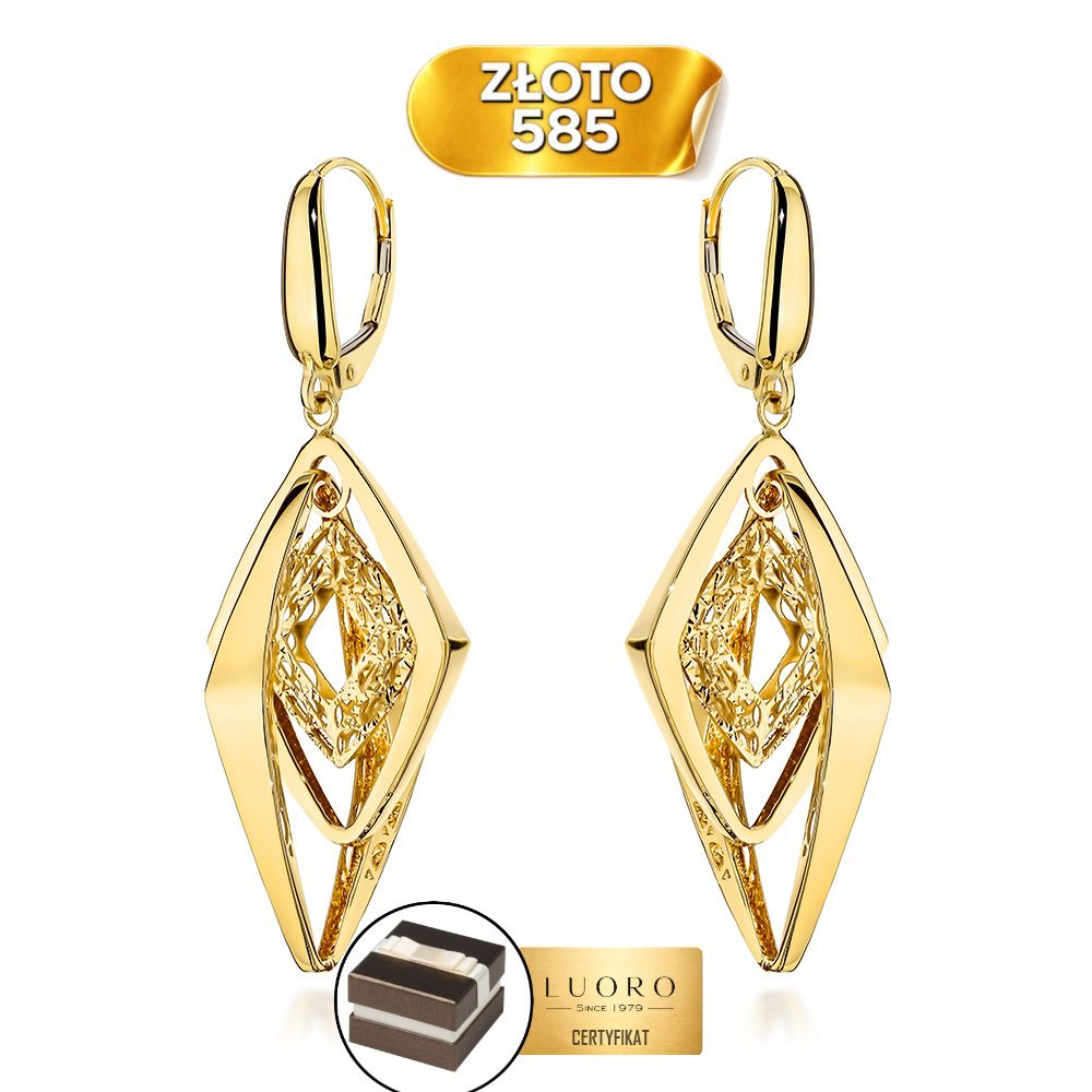 Kolczyki złote 585 14K potrójne romby gładkie ażurowe 52 MM eleganckie