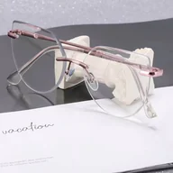Okulary korekcyjne, oprawki, szkła - Damskie bezramkowe kocie okulary zerówki do komputera BLUE LIGHT z flexami 25112B Fioletowe - miniaturka - grafika 1