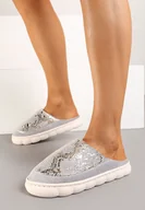 Kapcie damskie - Szare Kapcie na Grubej Tłoczonej Podeszwie z Metalicznym Nadrukiem Zeanirina - miniaturka - grafika 1