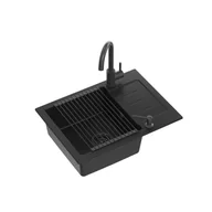 Baterie kuchenne - JOHNNY 116 GraniteQ zlewozmywak granitowy Pure Carbon 1-komorowy z/o (60x44x18,5) z syfonem black + bateria Kate pure carbon + dozownik + Qmata - miniaturka - grafika 1