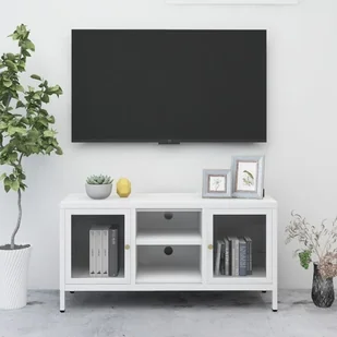 Szafka pod TV biała 105x35x52 cm stal i szkło - Szafki RTV - miniaturka - grafika 1
