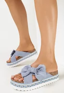 Klapki i japonki damskie - Niebieskie Klapki z Kokardką na Korkowej Ozdobnej Podeszwie Charind - miniaturka - grafika 1