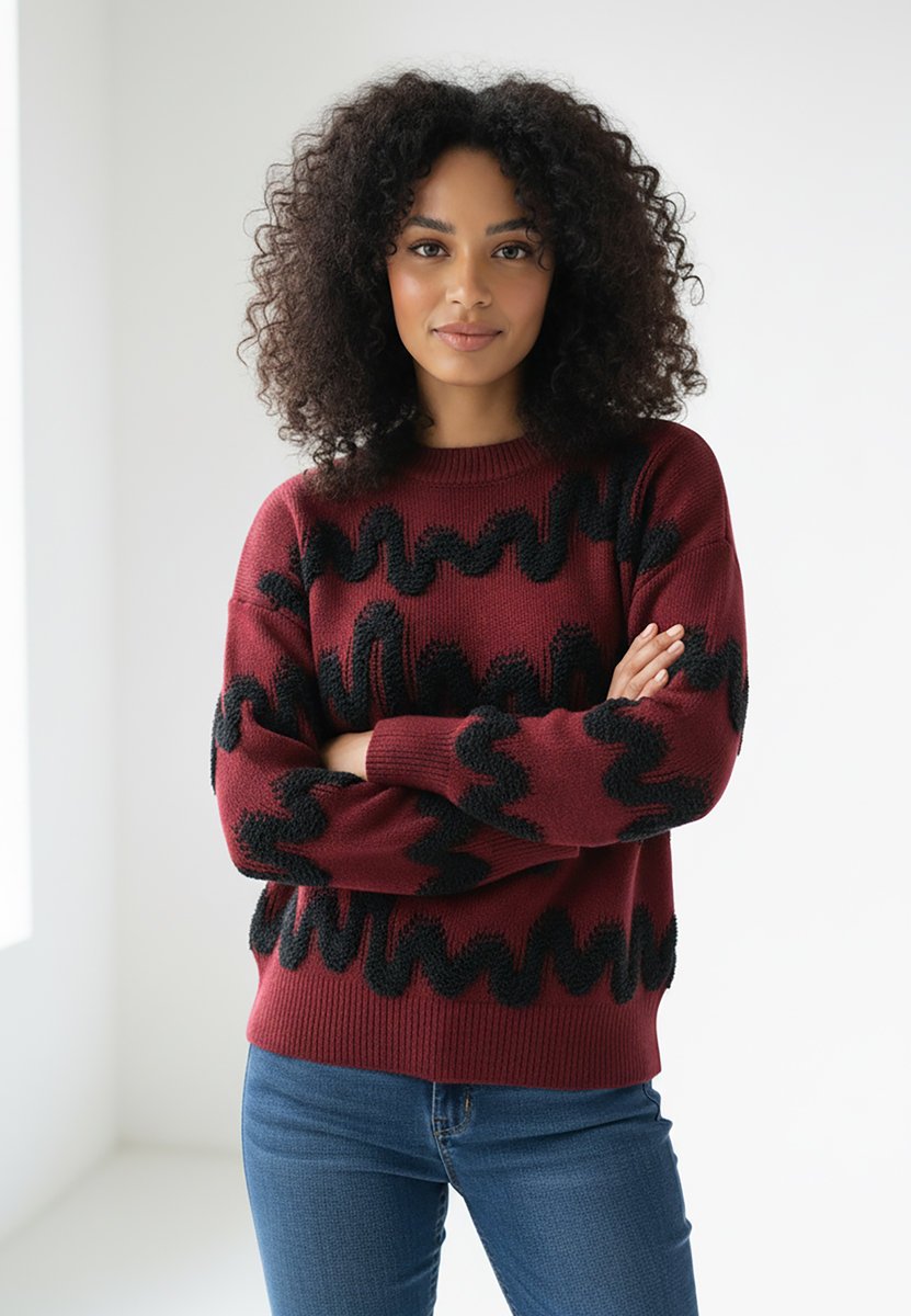 Sweter damski bordowy boucle z wypukłym falistym wzorem, dekolt okrągły, długi rękaw - M1260, bordowy, S