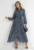 Sukienki - Granatowa Sukienka Plisowana w Kwiaty Curlina - miniaturka - grafika 1