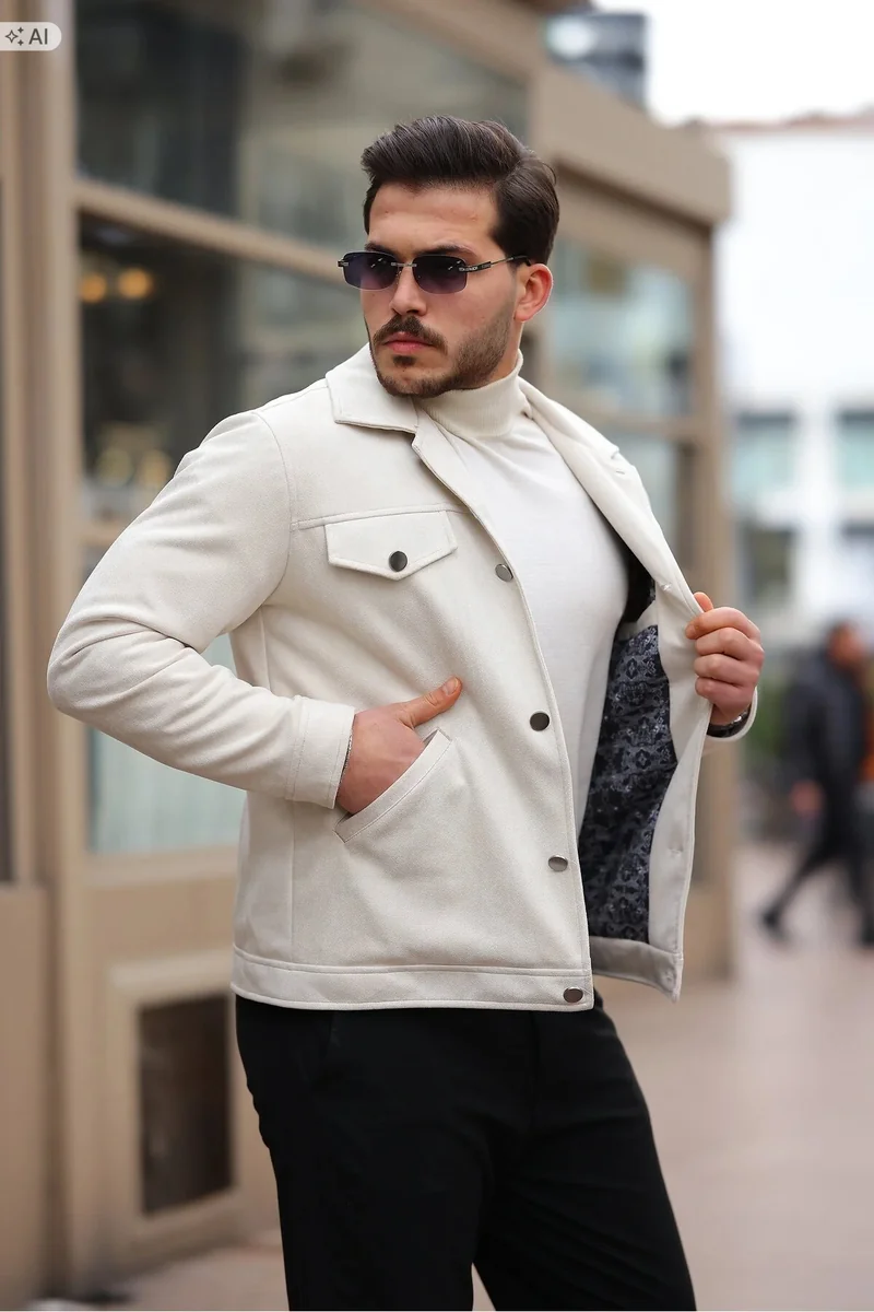 MĘSKA KURTKA BEŻOWA MIĘKKA Z KIESZENIAMI ELEGANCKA XL 5IA
