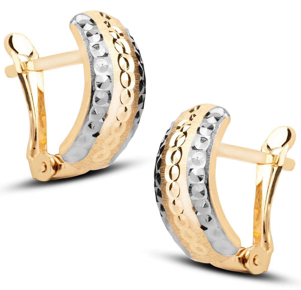 ZŁOTE KOLCZYKI Z SATYNOWANIEM I DIAMENTOWANIEM DWUKOLOROWE 14KT 585