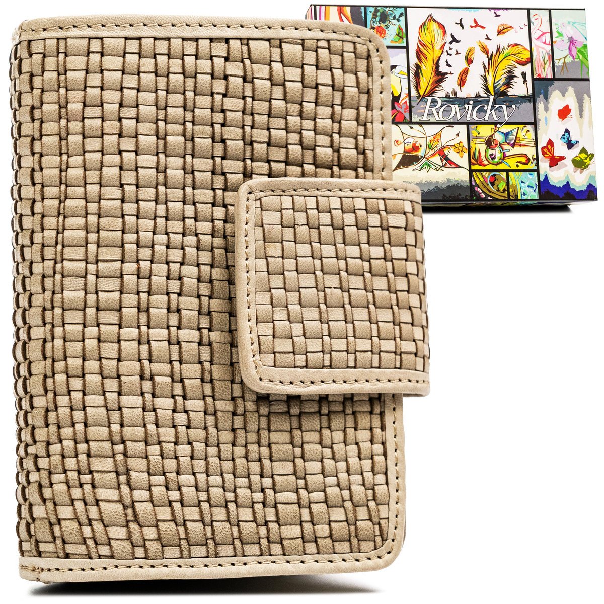 Skórzany Portfel Damski Ozdobiony Plecionym Wzorem Rovicky, Beżowy