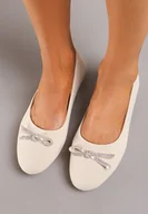 Baleriny - Beżowe Płaskie Balerinki z Okrągłym Noskiem Zdobione Kokardką i Cyrkoniami Omenna - miniaturka - grafika 1