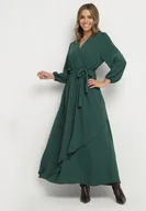 Sukienki - Zielona Kopertowa Asymetryczna Sukienka Koktajlowa z Wiskozą Ozdobiona Paskiem Lanoresa - miniaturka - grafika 1