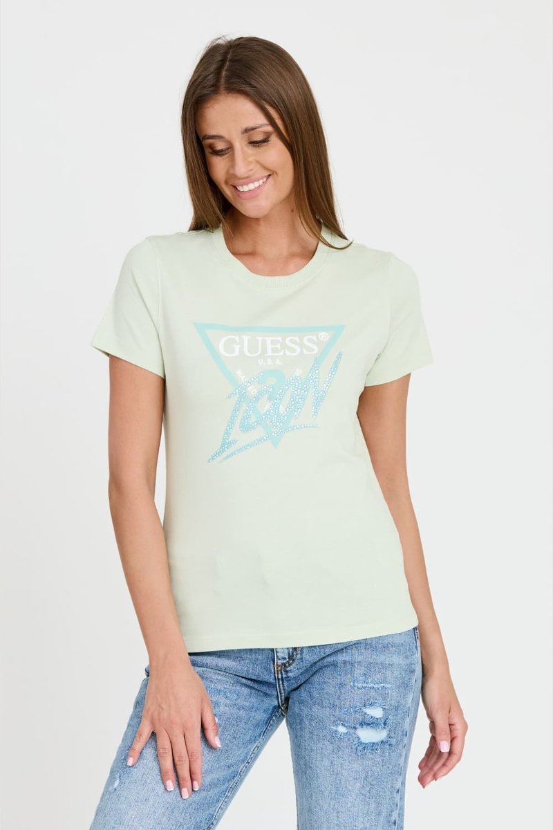 GUESS Miętowy damski t-shirt bawełniany Icon Tee M