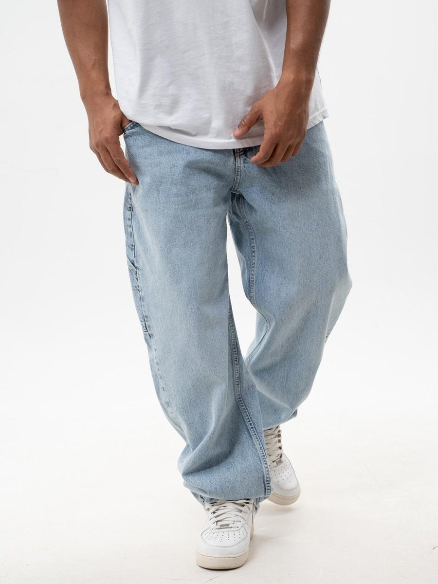 SPODNIE JEANSOWE SUPER BAGGY CARGO Męskie Sprane Jasne Niebieskie Jigga L