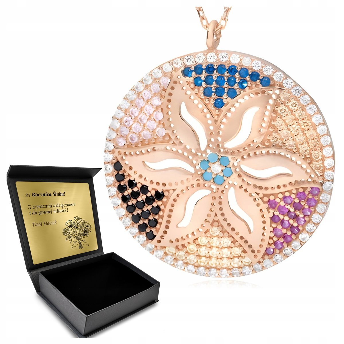 Naszyjnik Pozłacany Srebro Cyrkonie Kolorowy Ażurowy Kwiat Orientu Grawer