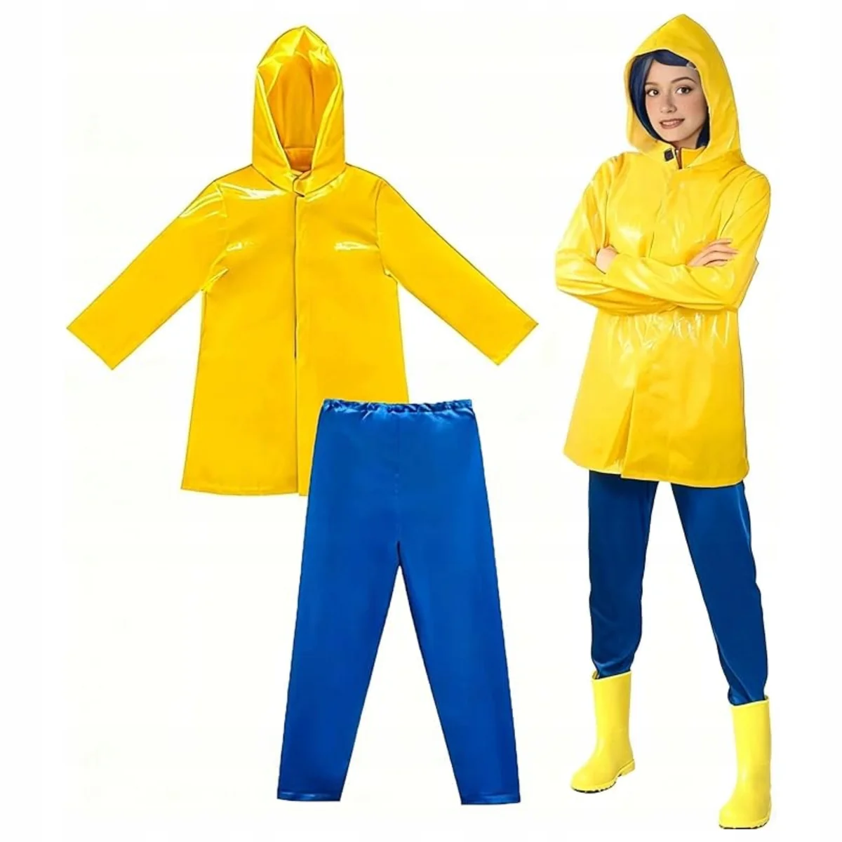 Strój cosplay Coraline dla dorosłych żółty płaszcz + niebieskie spodnie r M