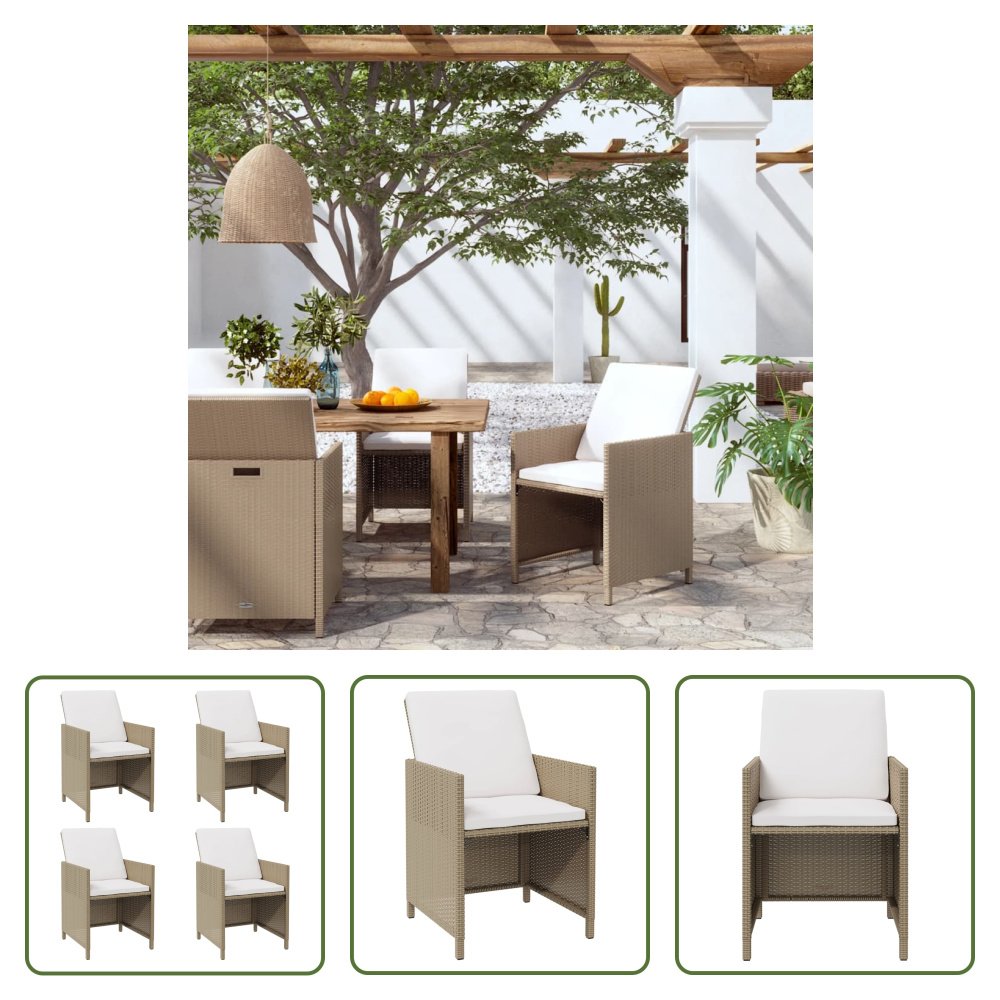 The Living Store Krzesła ogrodowe z poduszkami 4 szt. Poli rattan beżowy