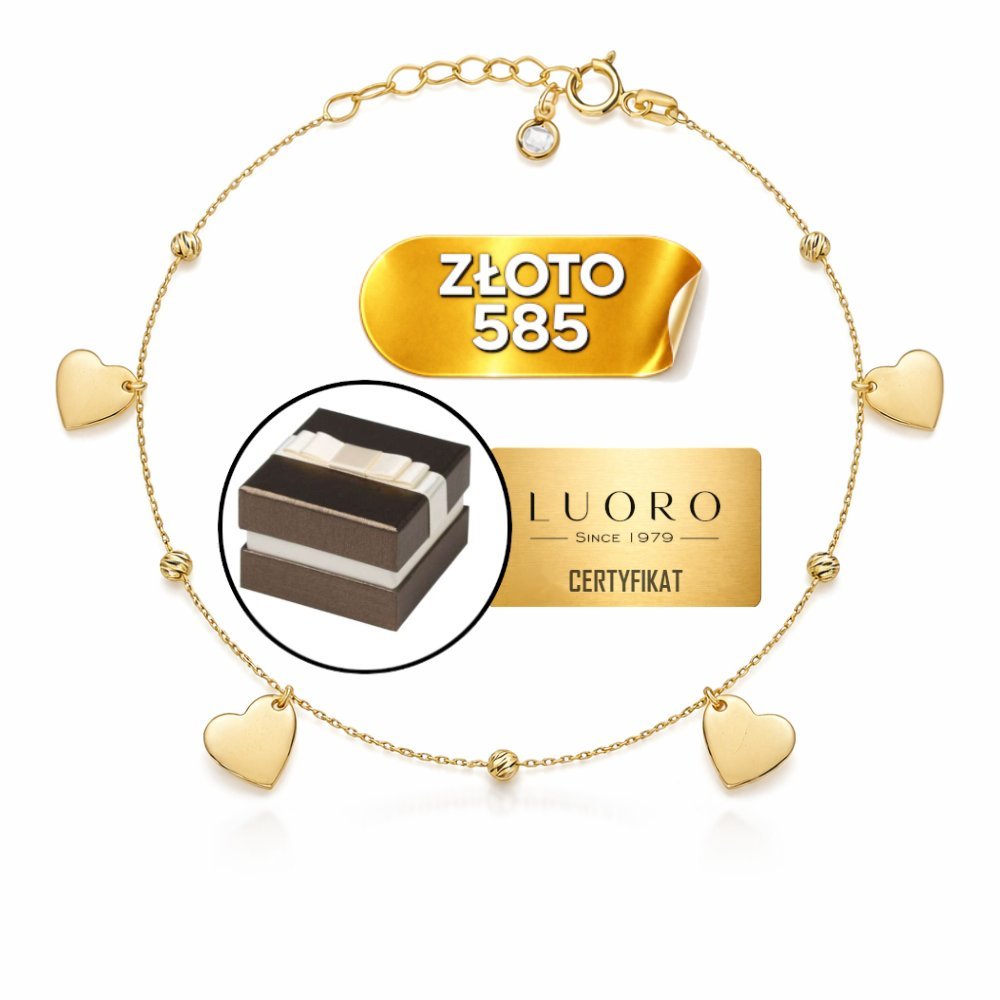BRANSOLETKA ZŁOTA 585 14K KULKI DIAMENTOWANE SERCA REGULOWANA 25 CM