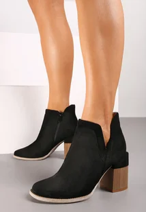 Czarne Botki Kowbojki na Obcasie Ozdobione Wycięciem i Ażurowym Zdobieniem Liliona - Botki damskie - miniaturka - grafika 1