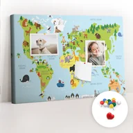 Tablice i flipcharty - Szkolna Tablica korkowa 60x40 cm, Kolorowe Pinezki, wzór Mapa świata ze zwierzętami - miniaturka - grafika 1