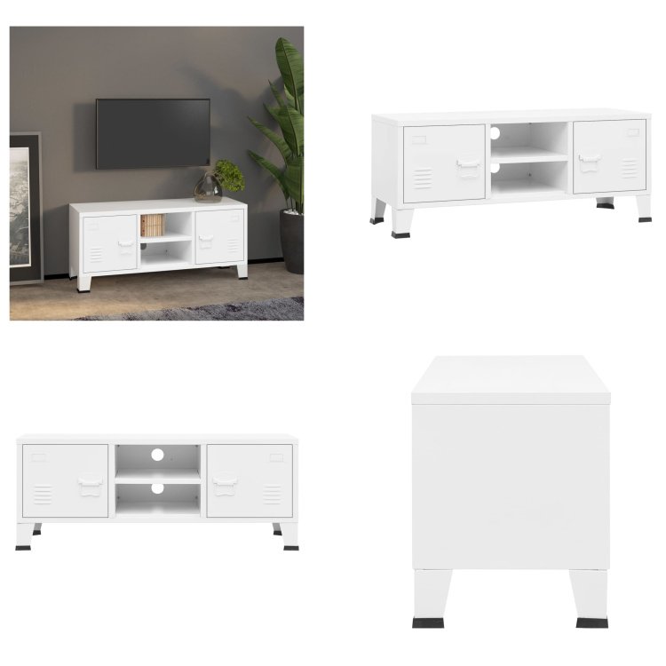 vidaXL Szafka pod TV w stylu industrialnym biała 105x35x42 cm metalowa - szafka pod TV - szafki pod TV - stojak pod TV - stolik pod TV