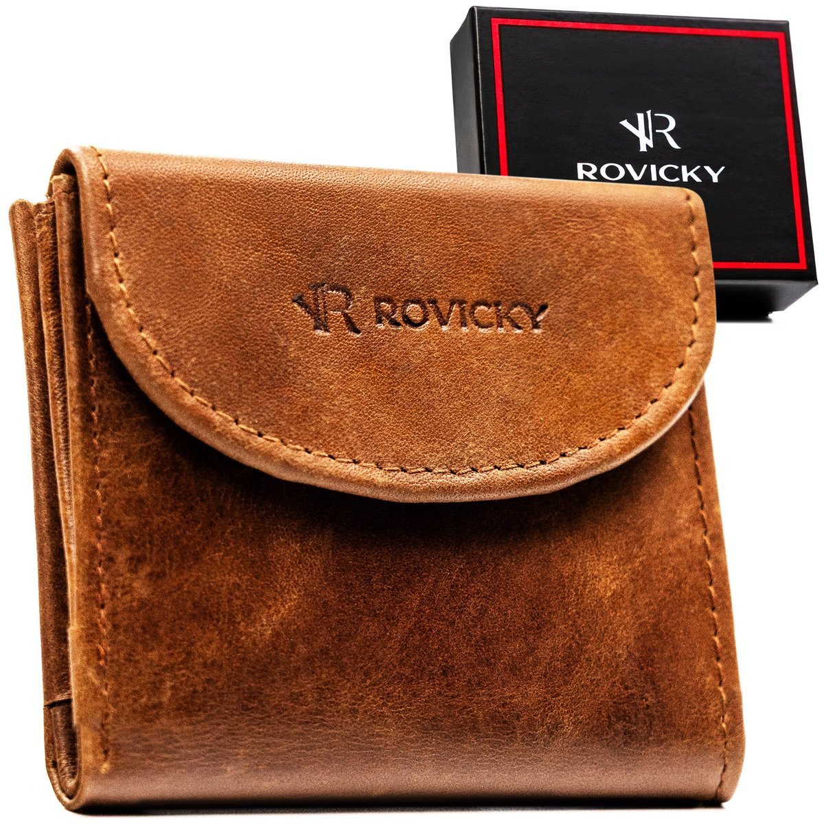 Portfel męski slim skórzany Rovicky cienki mały kompaktowy z RFID prezent brązowy