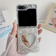 Etui i futerały do telefonów - TEMU INS Lusterko do Makijażu z Serduszkiem z Cyrkoniami, Brokatowe Cekiny, Składane Etui na Telefon Samsung Galaxy Z Flip 6 5 4 3, Koreańskie Bling, - miniaturka - grafika 1
