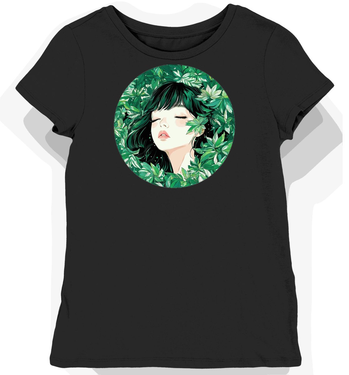 Koszulka damska czarna z motywem liści Harajuku S