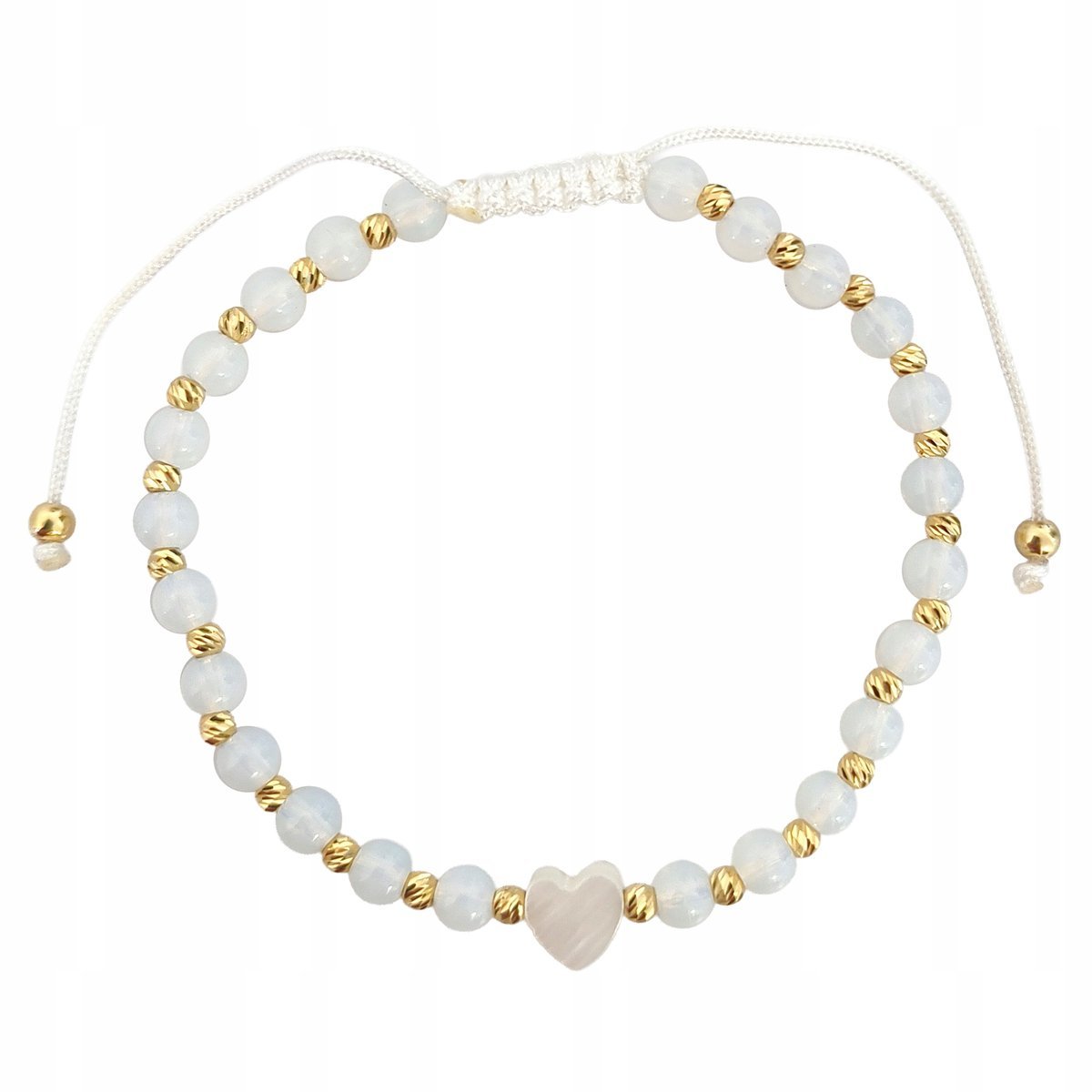 Złota sznurkowa bransoletka 585 białe kuleczki koraliki sznurek serduszko