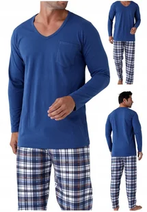 Męska piżama niebieska bluzka serek i spodnie do spania kratka XL - Piżamy damskie - miniaturka - grafika 1