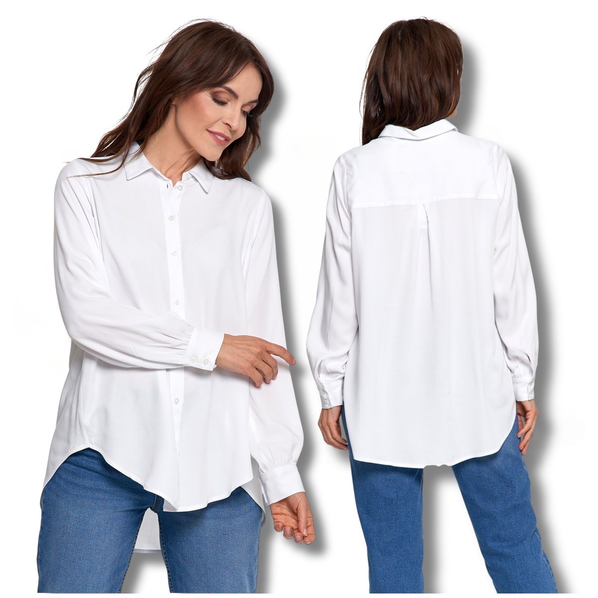 ELEGANCKA KOSZULA DAMSKA OVERSIZE WYDŁUŻONY TYŁ MODNA BLUZKA MORAJ L/XL