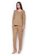 Spodnie damskie - Beżowe Bawełniane Proste Długie Spodnie z Suwakami - miniaturka - grafika 1