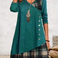 Sukienki - TEMU Wiosenna i Jesienna Elegancka Casualowa Sukienka w Kratę z Długim Rękawem Patchwork - miniaturka - grafika 1