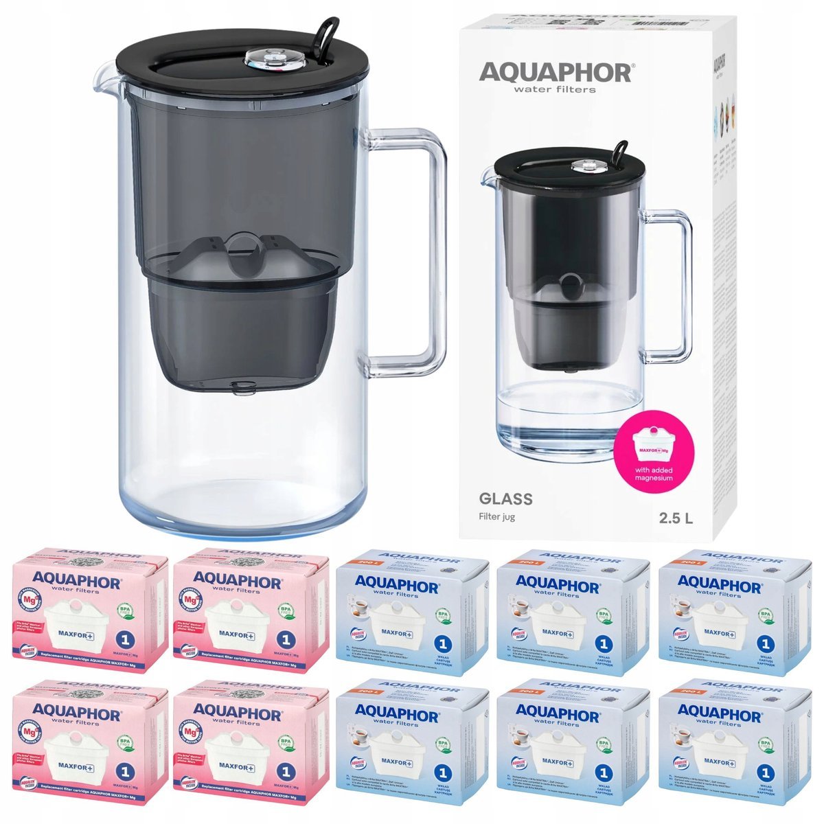 Dzbanek filtrujący szklany Aquaphor Glass czarny +10 filtrów Maxfor (4Mg+6)
