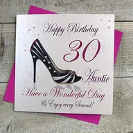 Kartki okolicznościowe i zaproszenia - WHITE COTTON CARDS białe bawełniane kartki 'Happy 30 Auntie Have a Wonderful Day' ręcznie robione kartki 30-te urodzinowe, białe, WBA30-A WBA30-A - miniaturka - grafika 1