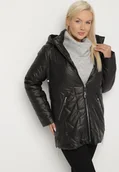 Kurtki damskie - Czarna Pikowana Kurtka Ozdobiona Pikowaniem z Odpinanym Kapturem Falerosa - miniaturka - grafika 1